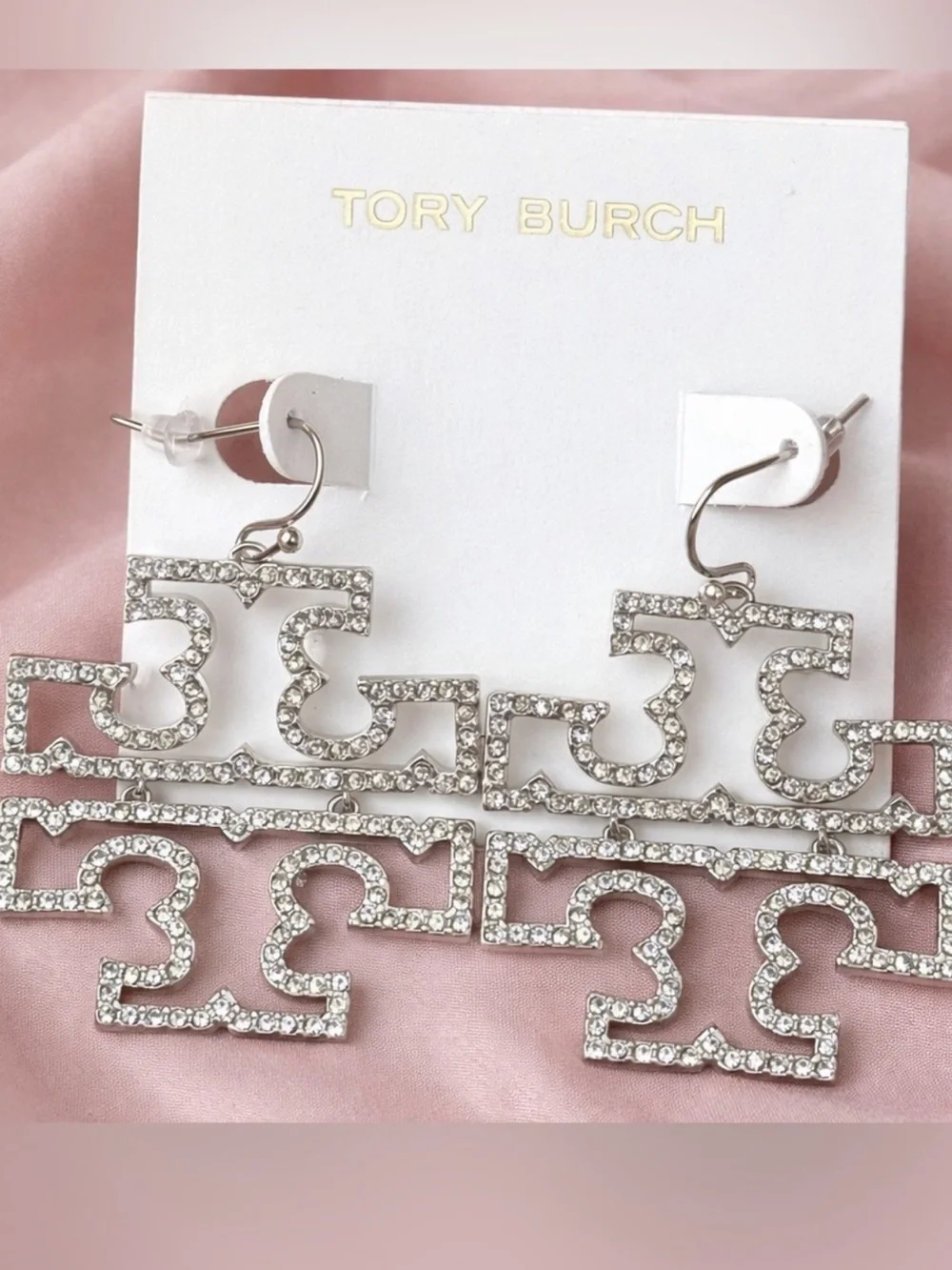 TORY BURCH • Silver Britten Crystal Logo Drop Earrings NEW $179